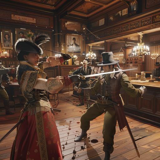 Realistic environment interior 1890s saloon, a Japenese samurai in traditional dress with katana, a Parisien show girl, a British rogue wearing a top hat with knives, and a female American cowboy, all fight together against a British infantry patrol in Khaki green uniforms with fists and knives, the barman wearing a bowler hat holding a shotgun can be seen in the background, perfect shading, soft studio lighting, ultra realistic, photorealistic, octane render, cinematic lighting, edge lighting, HD, 4k
