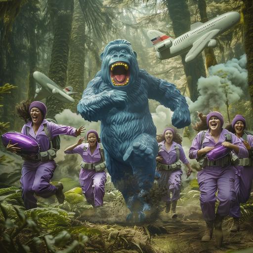 /Realistic fantaty shot of beautiful purple and white military outfil girls running and laughing while they are being followed by a giant blue gummy bigfoot in the forest. There are inflatables of $100 bills and inflatable expensive food floating around. The purple and white military girls are holding protein shaped airplane in their arms. --v 6.0