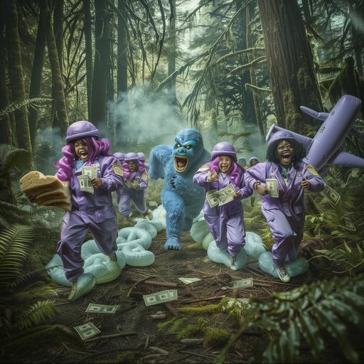 /Realistic fantaty shot of beautiful purple and white military outfil girls running and laughing while they are being followed by a giant blue gummy bigfoot in the forest. There are inflatables of $100 bills and inflatable expensive food floating around. The purple and white military girls are holding protein shaped airplane in their arms. --v 6.0