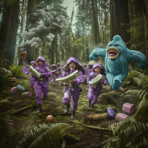 /Realistic fantaty shot of beautiful purple and white military outfil girls running and laughing while they are being followed by a giant blue gummy bigfoot in the forest. There are inflatables of $100 bills and inflatable expensive food floating around. The purple and white military girls are holding protein shaped airplane in their arms. --v 6.0