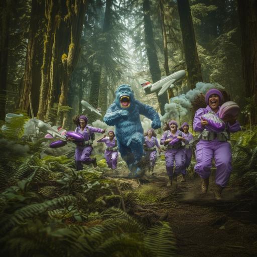 /Realistic fantaty shot of beautiful purple and white military outfil girls running and laughing while they are being followed by a giant blue gummy bigfoot in the forest. There are inflatables of $100 bills and inflatable expensive food floating around. The purple and white military girls are holding protein shaped airplane in their arms. --v 6.0