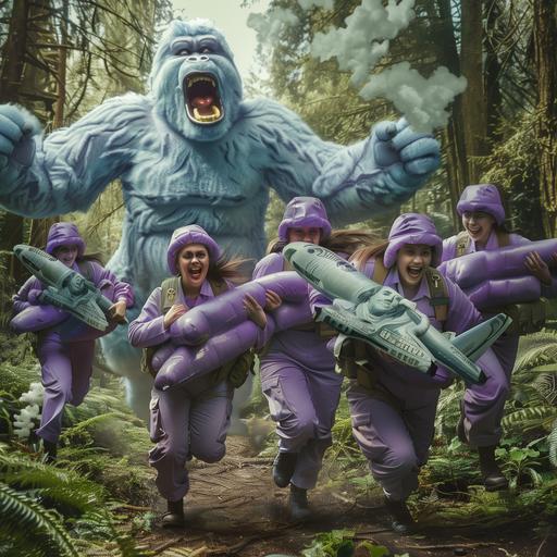 /Realistic fantaty shot of beautiful purple and white military outfil girls running and laughing while they are being followed by a giant blue gummy bigfoot in the forest. There are inflatables of $100 bills and inflatable expensive food floating around. The purple and white military girls are holding protein shaped airplane in their arms. --v 6.0