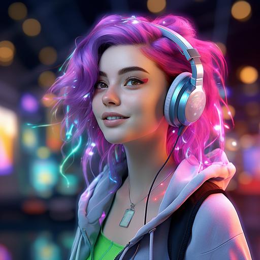 Realistic female face   freckles   bright purple hair   listening to music with wired headphones   green eyes   white jacket  blowing a chewing gum   pink jelly fishes in a cinematic fish shop   neon lighting   hypermaximalist   cool   amazing   octane render   ambient oclusion   8k   realistic