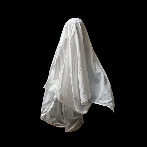 Realistic floating sheet ghost. Black background. No facial features.