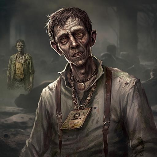 ​Realistic​,​ friendly zombie from 1811 with a chain around his neck that has an initial A on a dog tag. ​The chain around his neck is thick and heav​y​. The dog tag, which bears the initial A, is attached to the chain. In the background of the drawing, there might be other undead figures or ruins of a city or town, but the friendly zombie is clearly the focus of the image. His open, welcoming expression suggests that he is a creature of both mystery and kindness, incredible details, ultra sharp, cinematic composition   intricate details, insane details, unreal engine, depth of field, film grain, epic composition, moody lighting --v 5 --q 2 --s 750
