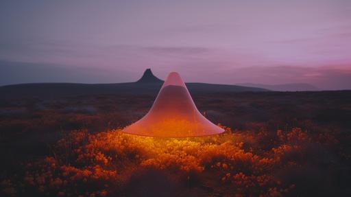 Realistic giant transparent orange wizard hat with light projection and subtle rainbow arc, dusk lighting, gradient, background epic iceland landscape, wildflowers, glowing, aesthetic, calm, indie, minimalism, dark background, award winning photography, negative space, 35mm photography, film photography, mist, natural lighting — v 5. 2 --ar 16:9