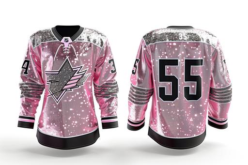 Realistic ice hockey jersey, front view and back view side by side, silver glitter pattern fabric, pink, bling, jewels daring design, sleek style, number 