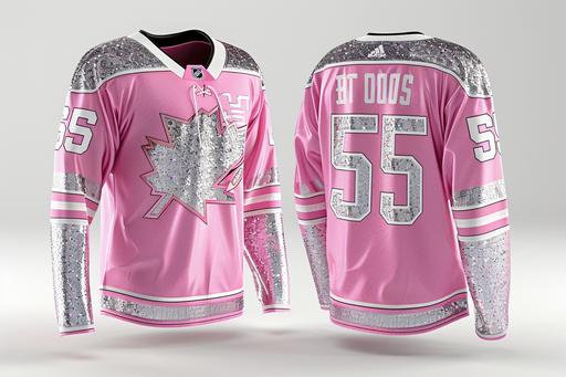 Realistic ice hockey jersey, front view and back view side by side, silver glitter pattern fabric, pink, bling, jewels daring design, sleek style, number 