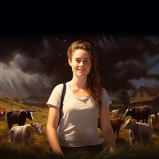 Realistic illustration, farmer out in the field with many children and farm animals, pigs, cows, chicken.