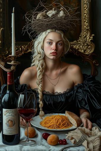 Realistic painting of a blonde woman sitting behind a fancy dinner table with a birds nest on top of her head, woman is eating pasta and there is red wine bottle on the table, Flemish painting style, same style to Jan Van Eyck Portrait of Giovanni Arnolfini and his Wife, Still life image --v 6.0 --ar 2:3