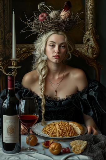 Realistic painting of a blonde woman sitting behind a fancy dinner table with a birds nest on top of her head, woman is eating pasta and there is red wine bottle on the table, Flemish painting style, same style to Jan Van Eyck Portrait of Giovanni Arnolfini and his Wife, Still life image --v 6.0 --ar 2:3