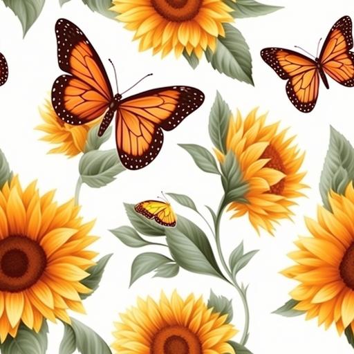 Realistic pattern with white background, yellow big sunflower, orange flying butterfly, green leaves --tile --v 5.1 --s 750 --style raw