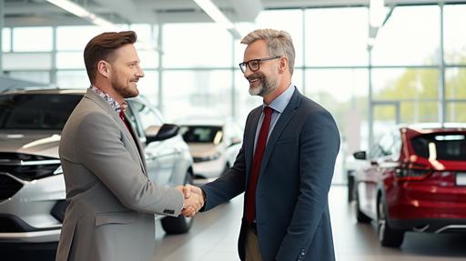 Realistic photo image of men shaking hands inside a Volkswagen car dealership, both look happy about the purchase of a vehicle --ar 16:9