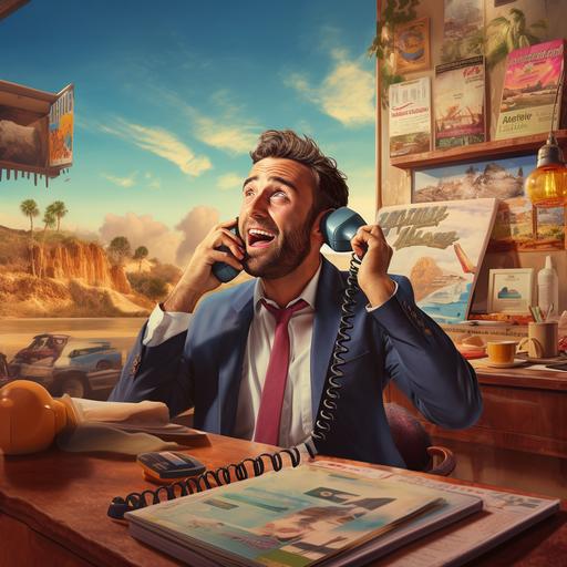 Realistic photo of a Travel Agent picking up the phone and calling someone