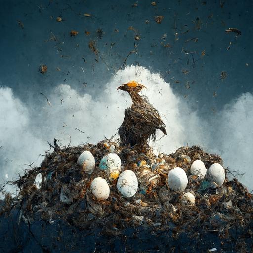 Realistic photo of a skinny man , boxing with a fiercely large eagle on top of a cliff, standing inside the birds nest with smashed eggs all around them.