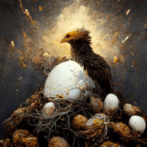 Realistic photo of a skinny man , boxing with a fiercely large eagle on top of a cliff, standing inside the birds nest with smashed eggs all around them.