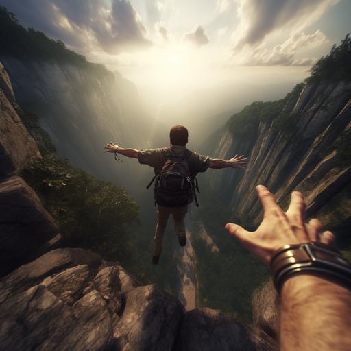 Realistic picture trying to safe a human being from falling off climbing a cliff. First Person View.