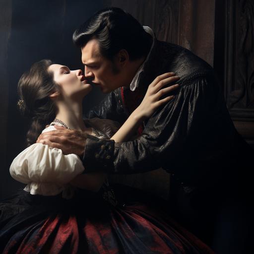 Realistic setting, photographic quality, 19th-century setting. Male vampire bites the neck of a young woman.