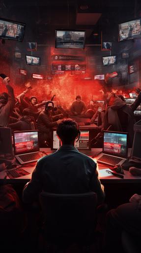 Realistic style, A chaotic newsroom filled with journalists frantically typing and talking on the phone, with flashing red breaking news banners on multiple screens, symbolizing an urgent and critical event. hyperdetailed, 8k, hyperrealistic --ar 9:16 --v 5.2