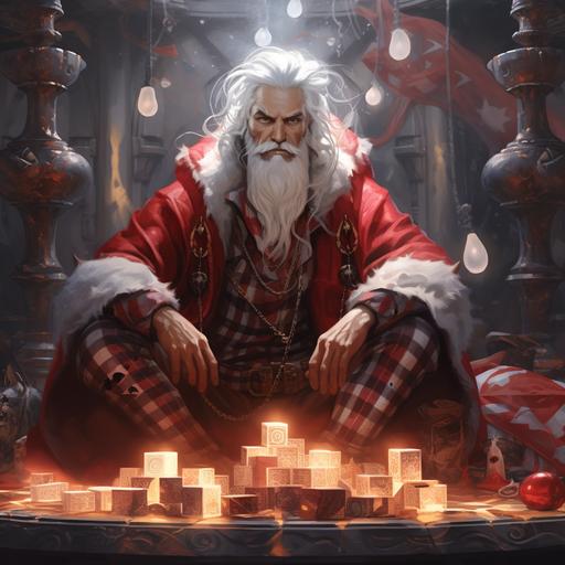 Realistic style, young adult human with white hair and white goatee in a red and white plaid sorcerer outfit with a big red and white plaid sorcerer hat, surrounded by small black mice , red glowing stone nearby