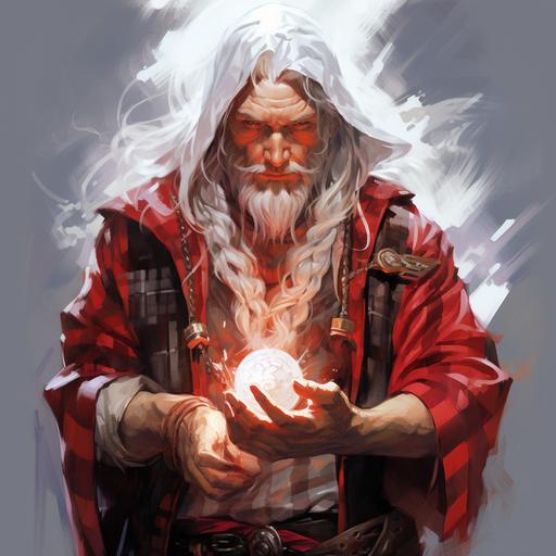 Realistic style, young human with white hair and white goatee, no wrinkles, in a red and white plaid sorcerer outfit, red sorcerer hat, casting a spell