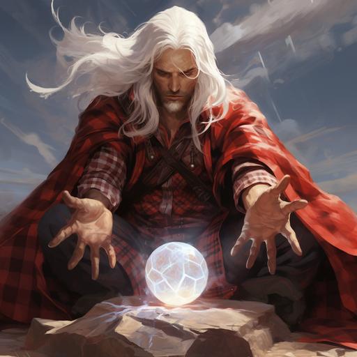 Realistic style, young human with white hair and white goatee, no wrinkles, in a red and white plaid sorcerer outfit with a huge red and white plaid sorcerer hat, casting a spell using a red stone