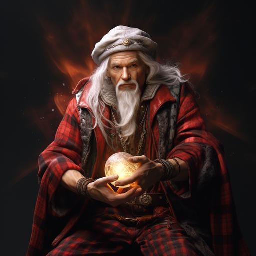 Realistic style, young human with white hair and white goatee, no wrinkles, in a red and white plaid sorcerer outfit, red sorcerer hat, casting a spell