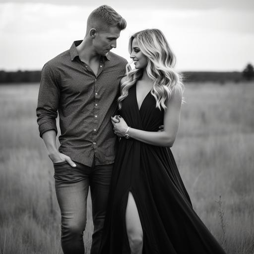 Realistic zoomed out photo, black and white, head to toe picture of a girl with blonde hair in a dress standing in a field with her fiancé who’s a couple inches taller with a black shirt and black jeans