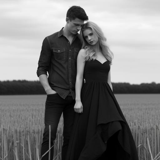 Realistic zoomed out photo, black and white, head to toe picture of a girl with blonde hair in a dress standing in a field with her fiancé who’s a couple inches taller with a black shirt and black jeans