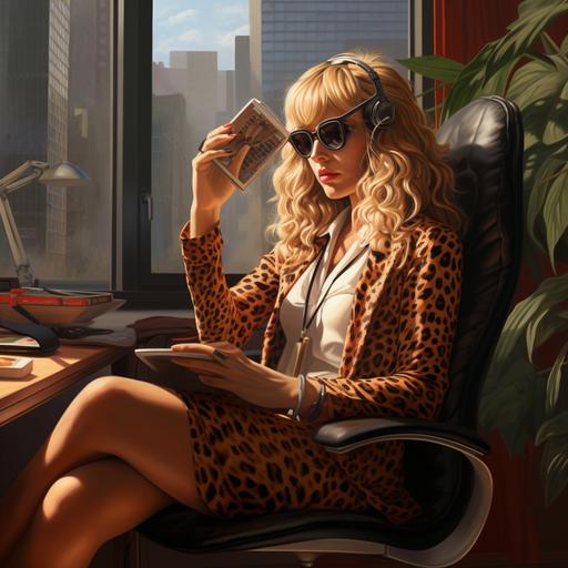 Realistic. A 40-year-old woman, tanned, blonde and with bangs on the side, a fan of animal print and sending audios with her cell phone, sitting in her private office.