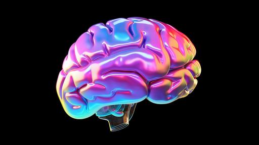 Really simple Brain 3D modelled, holographic bright for trendy design, floating isolated on blank background, octane 3d render, at an 35 degree angle --ar 16:9