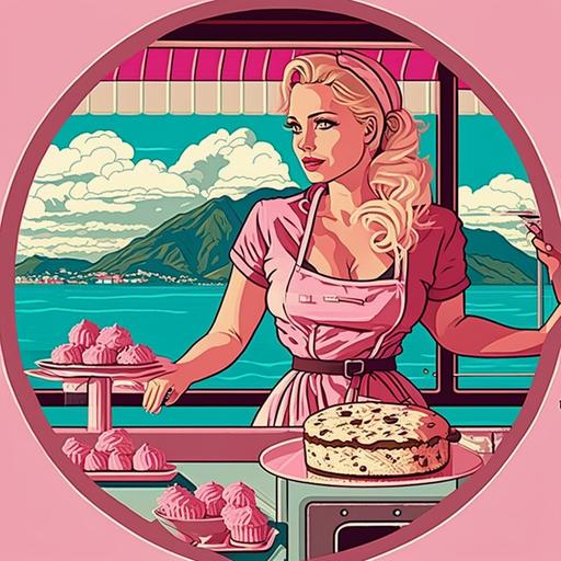 a bakery, Miami, pink, art deco, cookies, cake, hot blonde latina baker, ocean, mountains