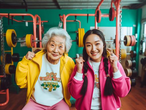 a young asian girl and old asian grandma happily powerlifting together in a modern day gym. front view image in a wes anderson style, both wearing colourful outfits --ar 4:3