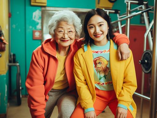a young asian girl and old asian grandma powerlifting together in a modern day gym, happy and cherring for each other, front view image in a wes anderson style, both wearing colourful outfits --ar 4:3
