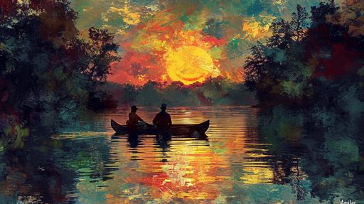 Recreate a whimsical scene from Wind in the Willows by Kenneth Grahame, with the painting style of Post-Impressionism blended with photonegative refractography. Depict the camaraderie of Toad, Mole, Rat, and Badger on a river adventure, with vibrant, unnatural colors and sharp contrasts to animate the setting sun reflecting on the water's surface. Utilize dynamic range to capture the textures of the natural environment and the characters' unique details, arranging the composition to highlight their interactions within a wide frame, signed by 