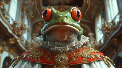 Red-Eyed Tree Frog as Louis XIV in Baroque Splendor by MegUSN1: Visualize a computer wallpaper showcasing a 3D Red-Eyed Tree Frog character as King Louis XIV, draped in luxurious Baroque fashion. The amphibian king is set against the backdrop of the opulent Hall of Mirrors, with its intricate details captured in high-resolution. The frog's bright green and red hues are complemented by an extravagant outfit adorned with intricate embroidery and lace, typical of the Sun King's era. This image combines the elegance of Baroque art with the vivid natural colors of the Red-Eyed Tree Frog, creating a sharp, striking portrayal of amphibian royalty. Prompt created by MegUSN1, M A Aguilar --ar 16:9 --v 6.0 --s 250 --style raw