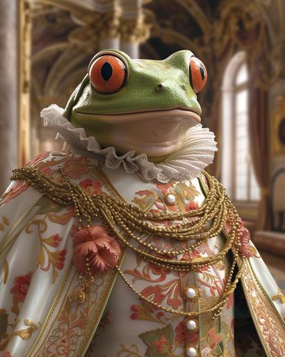 Red-Eyed Tree Frog as Louis XIV in Baroque Splendor by MegUSN1: Visualize a computer wallpaper showcasing a 3D Red-Eyed Tree Frog character as King Louis XIV, draped in luxurious Baroque fashion. The amphibian king is set against the backdrop of the opulent Hall of Mirrors, with its intricate details captured in high-resolution. The frog's bright green and red hues are complemented by an extravagant outfit adorned with intricate embroidery and lace, typical of the Sun King's era. This image combines the elegance of Baroque art with the vivid natural colors of the Red-Eyed Tree Frog, creating a sharp, striking portrayal of amphibian royalty. Prompt created by MegUSN1, M A Aguilar --ar 4:5 --v 6.0 --s 250 --style raw
