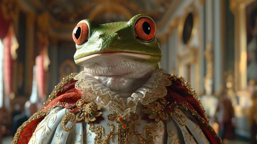 Red-Eyed Tree Frog as Louis XIV in Baroque Splendor by MegUSN1: Visualize a computer wallpaper showcasing a 3D Red-Eyed Tree Frog character as King Louis XIV, draped in luxurious Baroque fashion. The amphibian king is set against the backdrop of the opulent Hall of Mirrors, with its intricate details captured in high-resolution. The frog's bright green and red hues are complemented by an extravagant outfit adorned with intricate embroidery and lace, typical of the Sun King's era. This image combines the elegance of Baroque art with the vivid natural colors of the Red-Eyed Tree Frog, creating a sharp, striking portrayal of amphibian royalty. Prompt created by MegUSN1, M A Aguilar --ar 16:9 --v 6.0 --s 250 --style raw