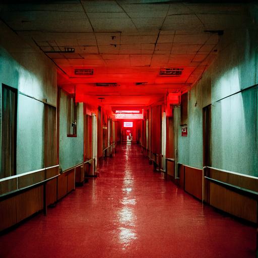 Red Hospital Hallway, Blaring Bright Red Alarms,Red Exit Signs,Hospital door on end of hallway