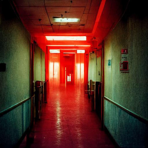 Red Hospital Hallways, Blaring Bright Red Alarms,Red Exit Signs,Hospital door on end of hallway