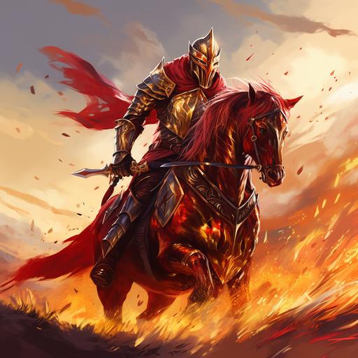 Red Knight, Warhorse, Golden Jousting Lance, Kite Shield, Burning Field Backgroudn, Character, Intimidating