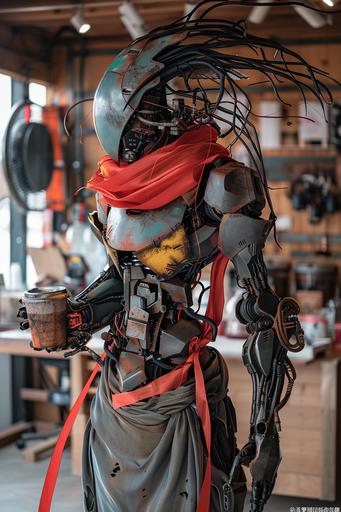 Red Ribbon Samurai Robot Warrior getting coffee at the coffee shop, windblown --ar 2:3 --c 15 --s 222 --cref  --v 6.0