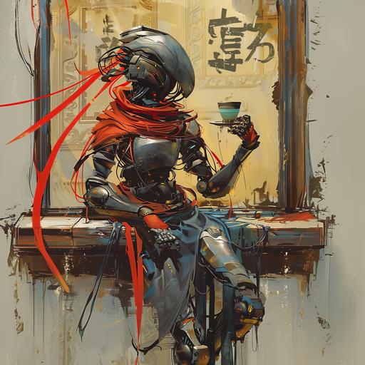 Red Ribbon Samurai Robot Warrior getting coffee at the coffee shop, windblown --c 15 --s 222 --cref  --v 6.0 --ar 1:1