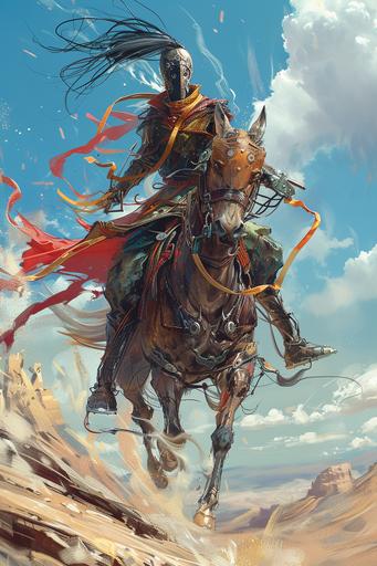Red Ribbon Samurai Robot Warrior riding a horse, windblown --ar 2:3 --c 15 --s 222 --cref   --v 6.0