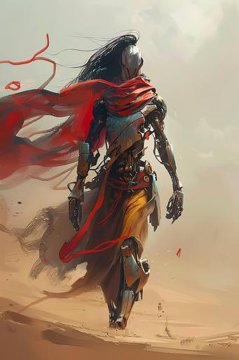 Red Ribbon Samurai Robot Warrior walking throught the desert in a sandstorm, windblown --ar 2:3 --c 15 --s 222 --cref  --v 6.0