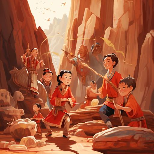 Red Rock Spirit Group Painting, Red Rock Heroes, Chinese Picture Book Style