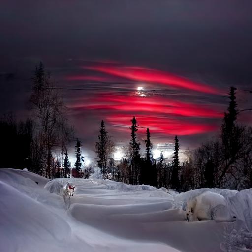 Red and white husky, night, alaska, snow