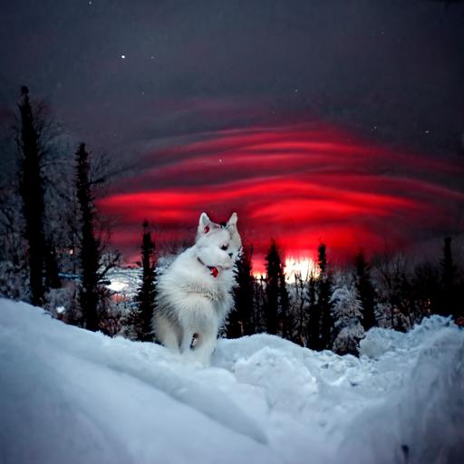 Red and white husky, night, alaska, snow