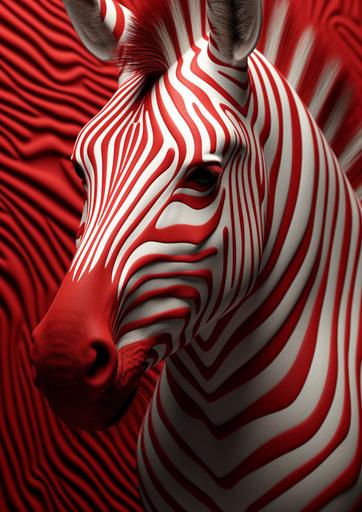 Red and white moire patterned zebra, realistic fur movement, hyperdetailed hyperrealistic, film photography UHD , volumetric light, Tim Burton Naoto Hattori, --ar 5:7 --s 250
