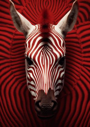 Red and white moire patterned zebra, realistic fur movement, hyperdetailed hyperrealistic, film photography UHD , volumetric light, Tim Burton Naoto Hattori, --ar 5:7 --s 250
